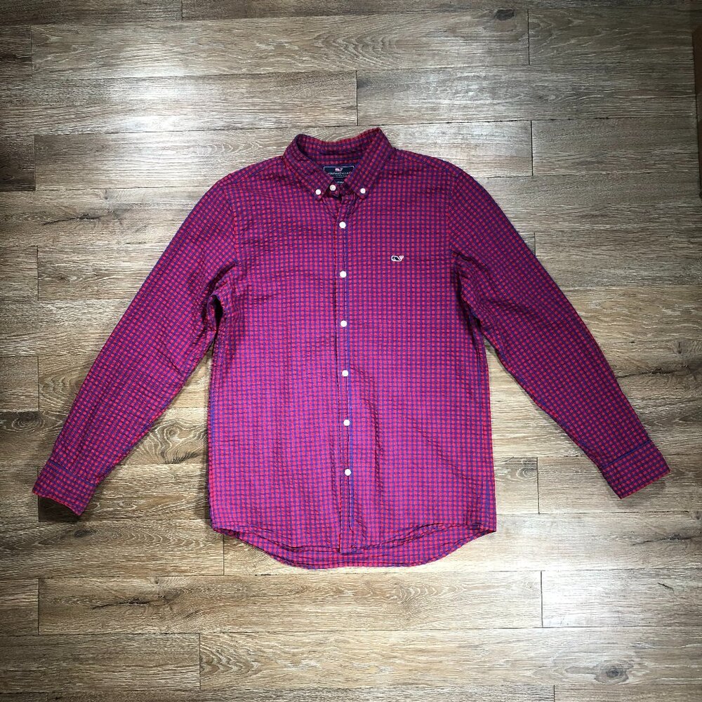Vineyard Vines Men Medium Slim Fit Whale Shirt Long Sleeve Red Blue Plaid